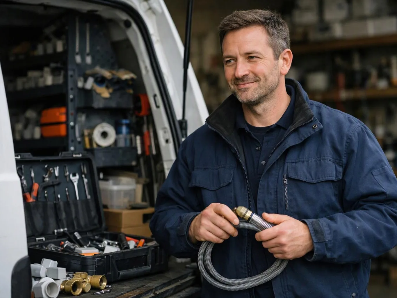 A smiling technician in a blue jacket holds a coiled hose beside an open van filled with tools