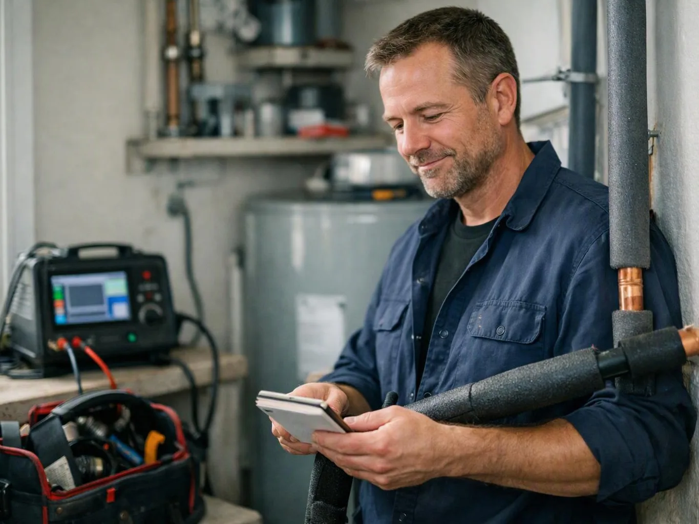 A smiling technician holds a tablet in a utility room beside pipes, equipment, and a tool bag