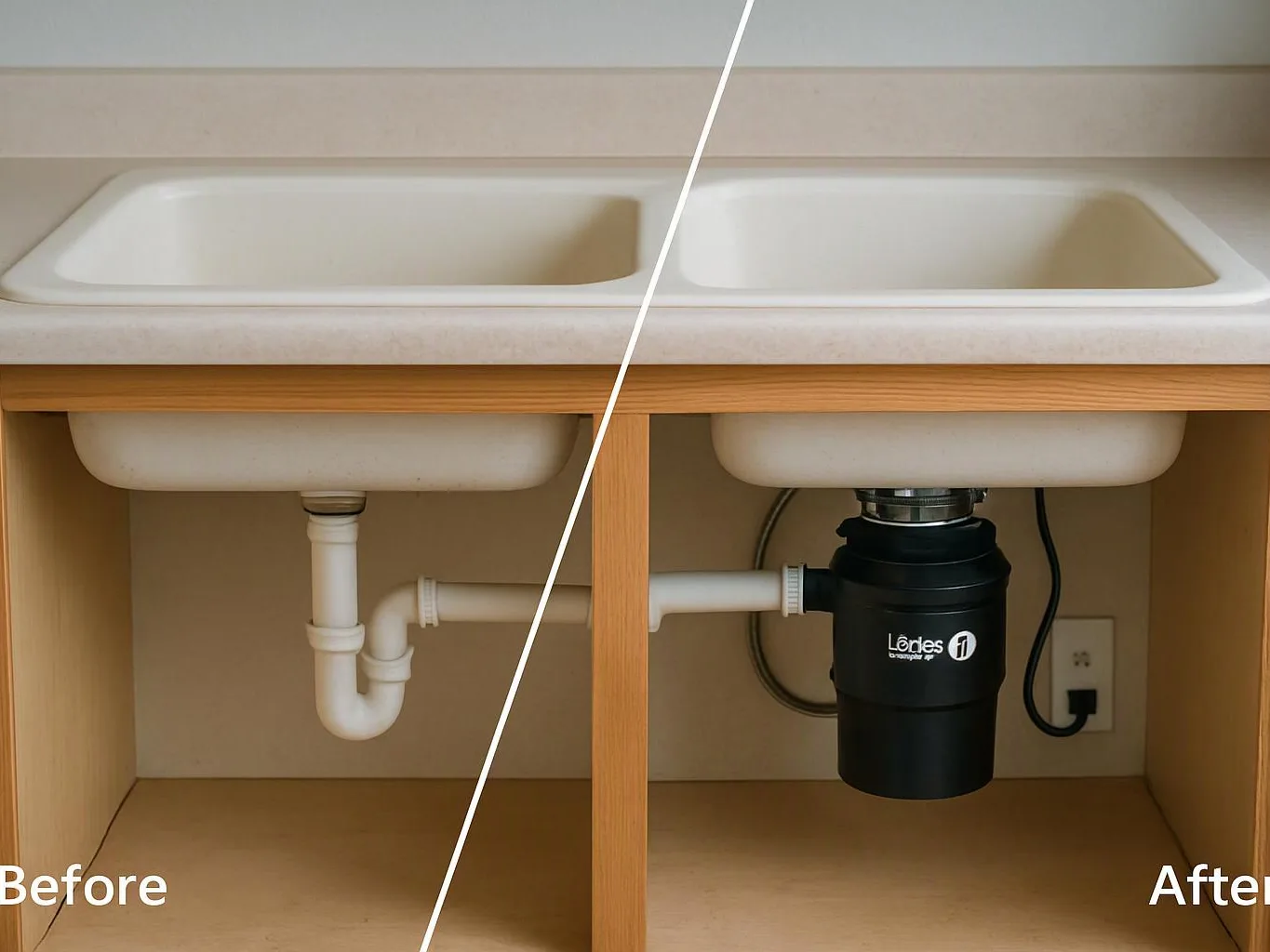 A split before-and-after view shows under-sink plumbing, with a white pipe on the left and a black disposal unit on the right