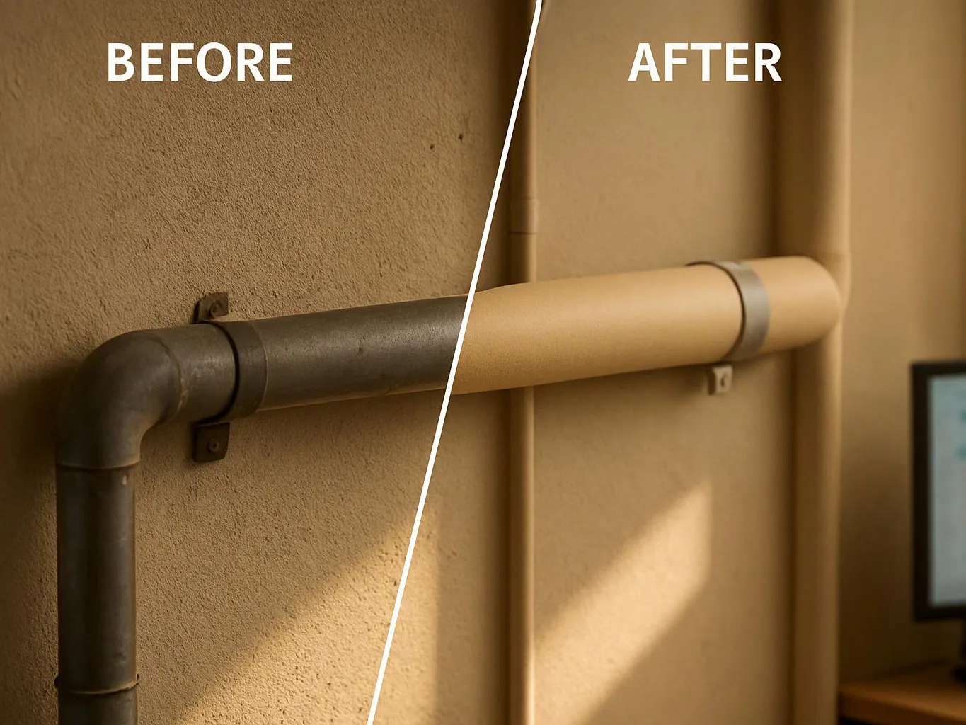 Split image shows a dark pipe before cleaning and a painted beige pipe after, against a wall