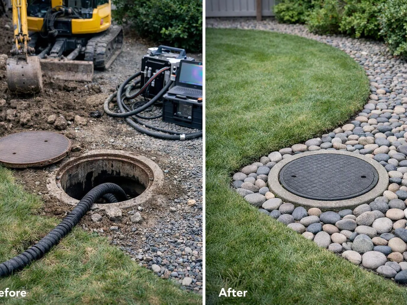 Split image shows a muddy yard repair before, and a finished lawn with a covered drain after