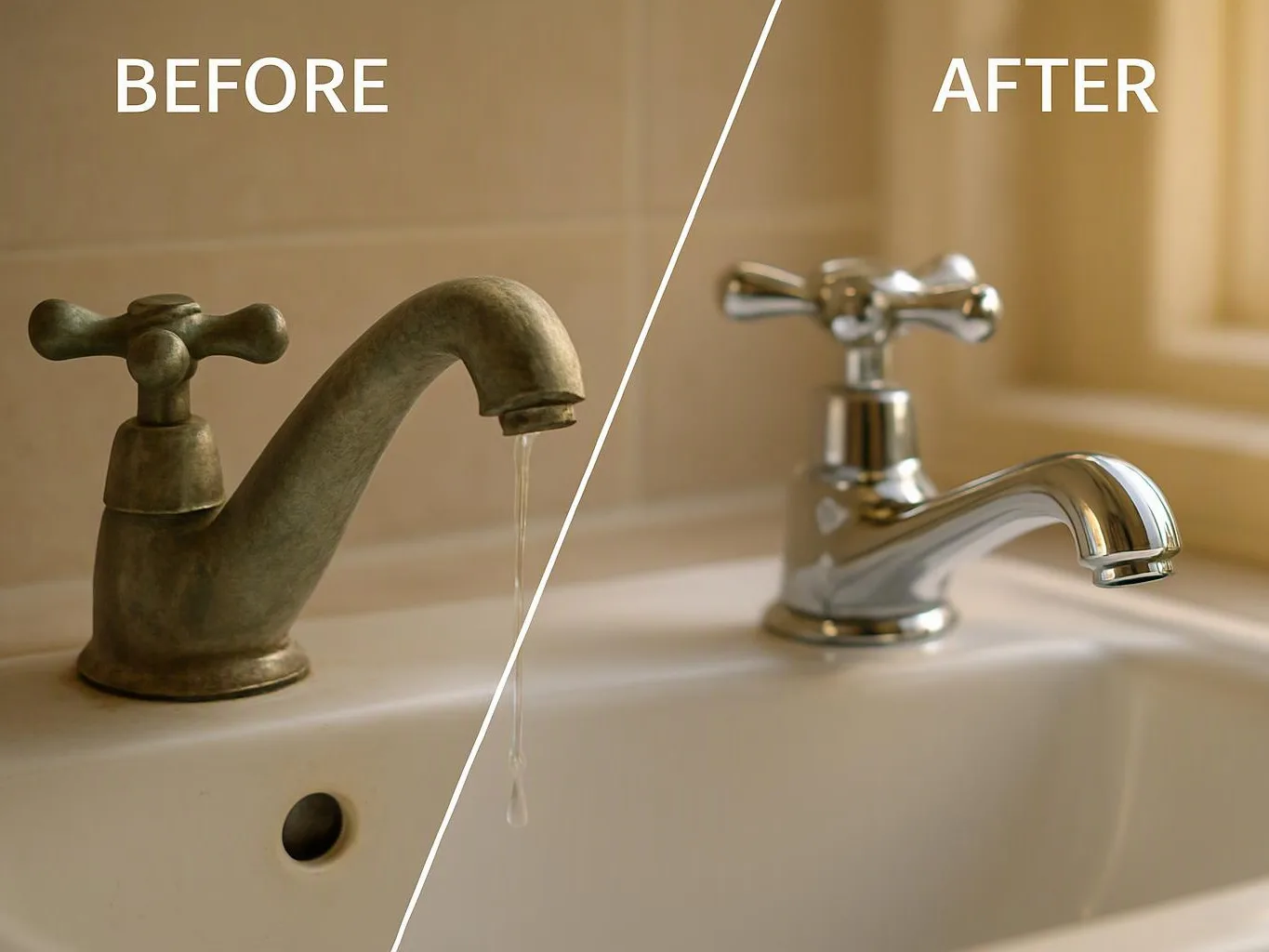 Split view of a bathroom sink faucet, with a worn dripping tap before and a shiny fixed tap after