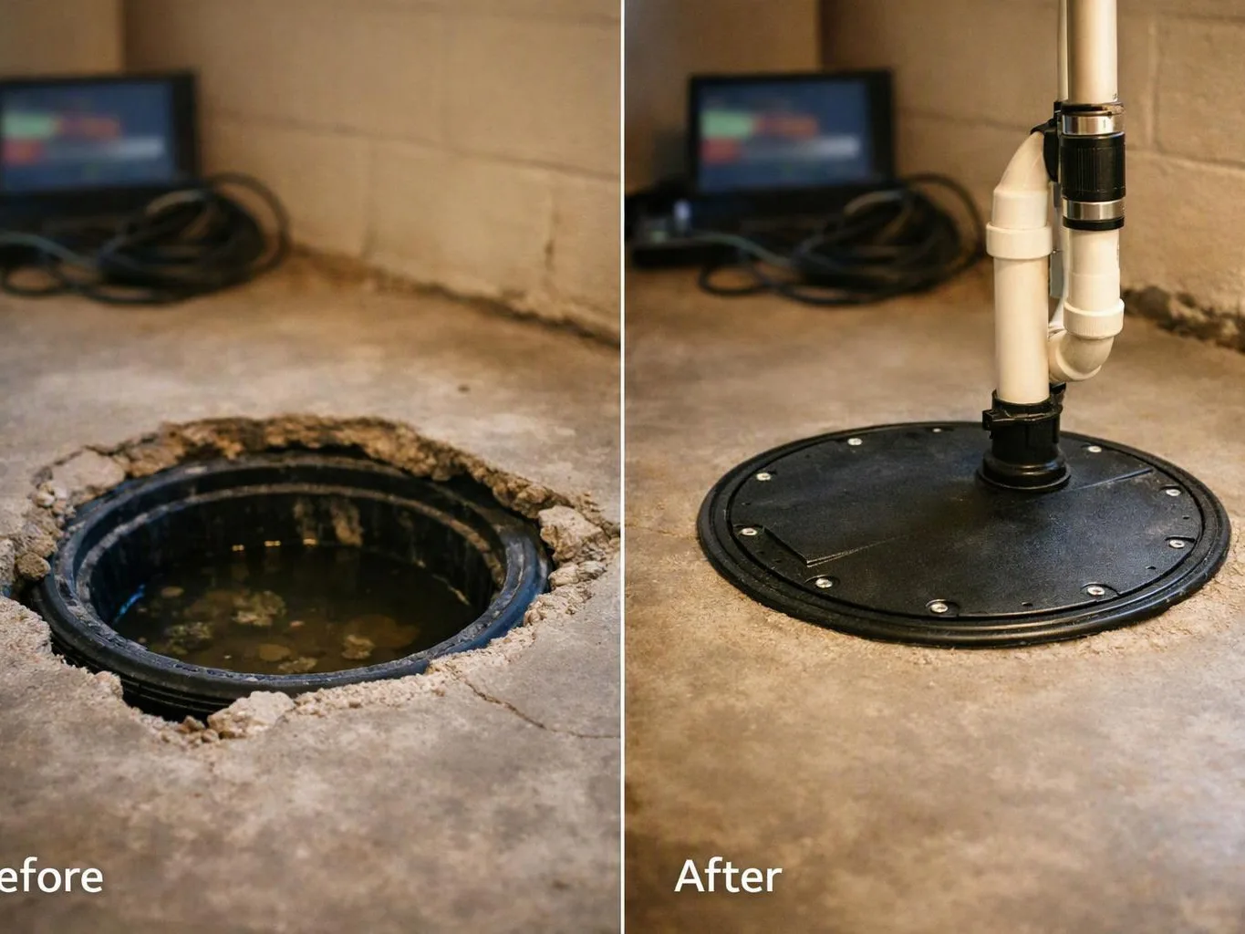 Split view shows a basement floor drain before and after a black sealed cover is installed