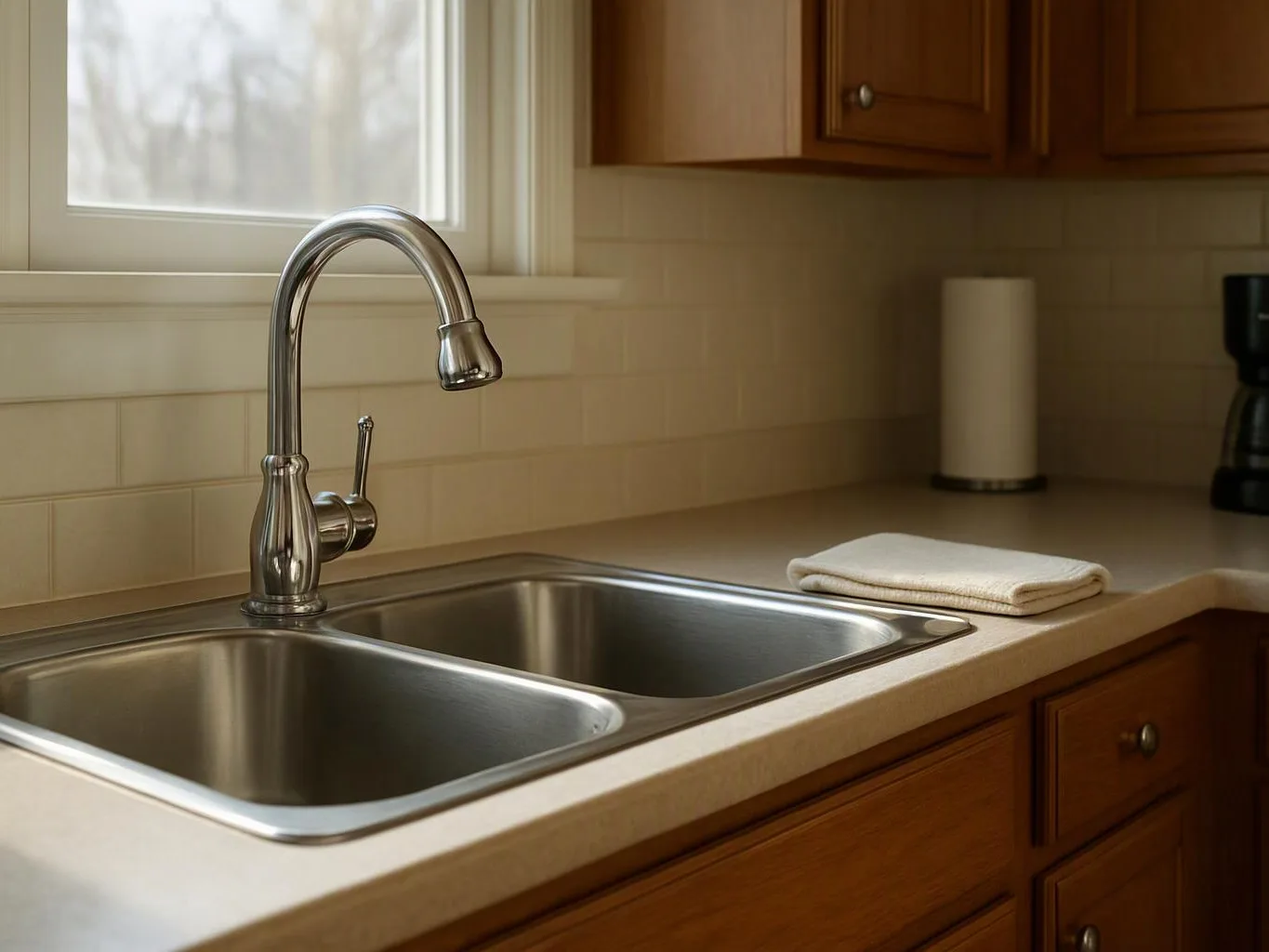 A stainless steel double sink sits under a window, with a chrome faucet and folded towel on the countertop