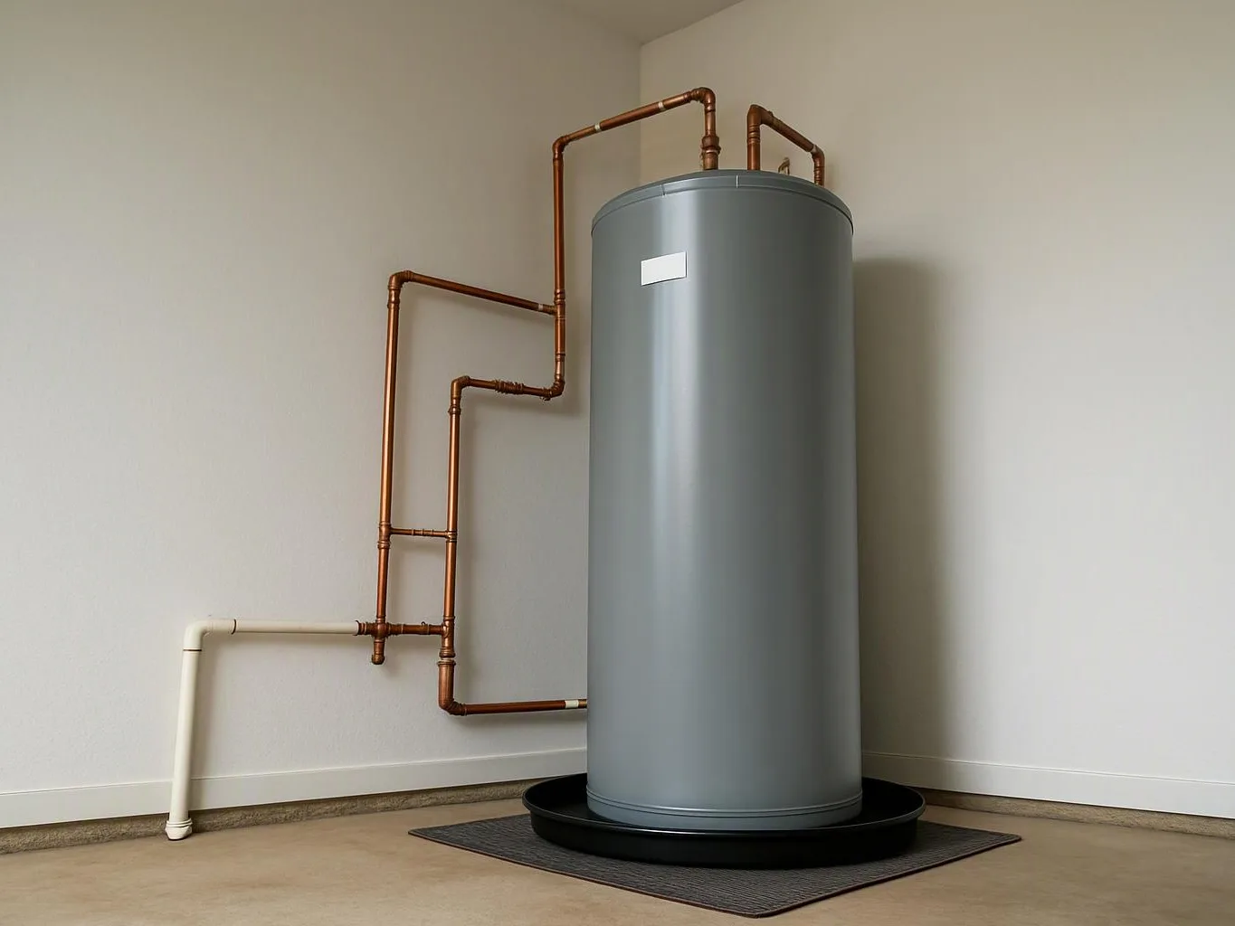 A tall gray water heater stands in a bare room with exposed copper pipes and a white drain pipe