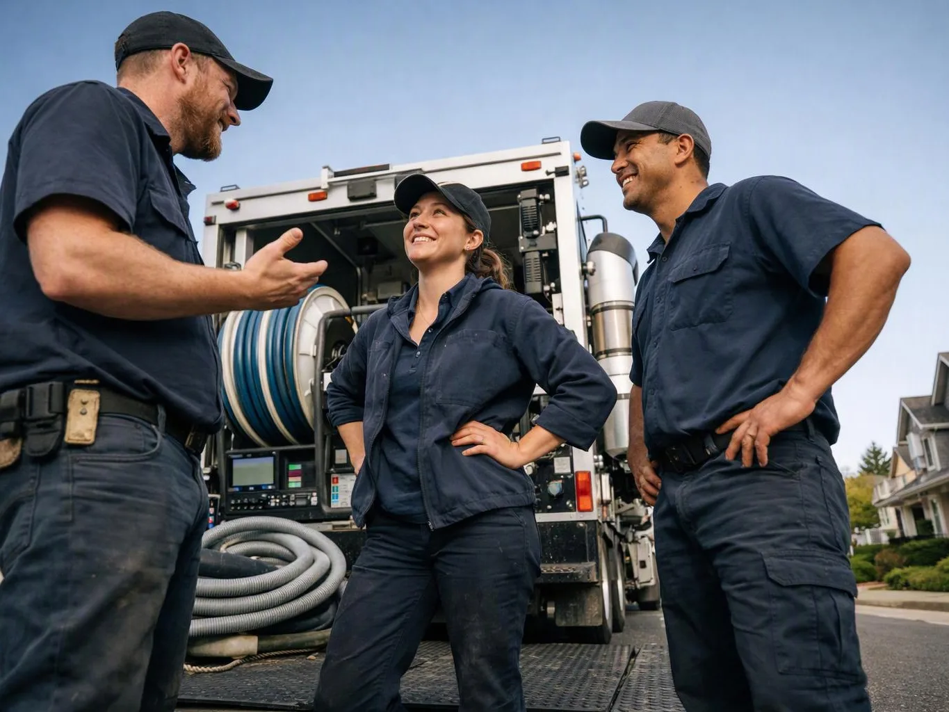Three utility workers in navy uniforms talk beside an open service truck on a suburban street