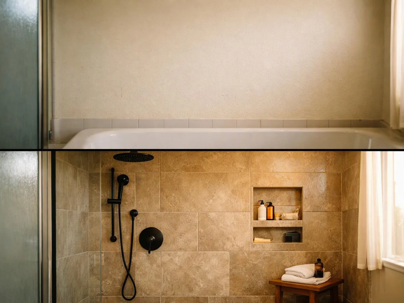 A tiled bathroom shower is shown below a plain bath wall, with black fixtures, shelf bottles, and folded towels by a window