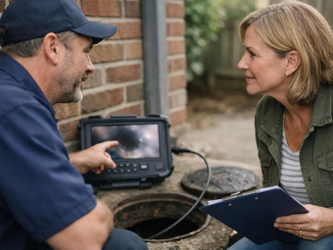 Two adults inspect an open manhole beside a brick wall, with a monitor and clipboard nearby