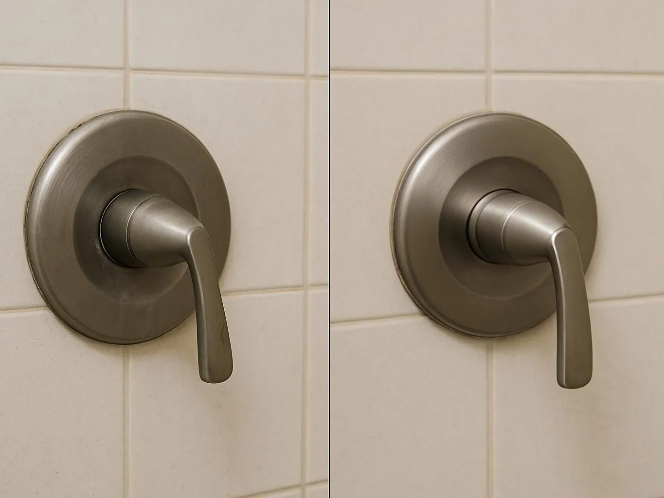 Two brushed metal shower handles sit on white tiled walls, shown side by side in a close-up split image