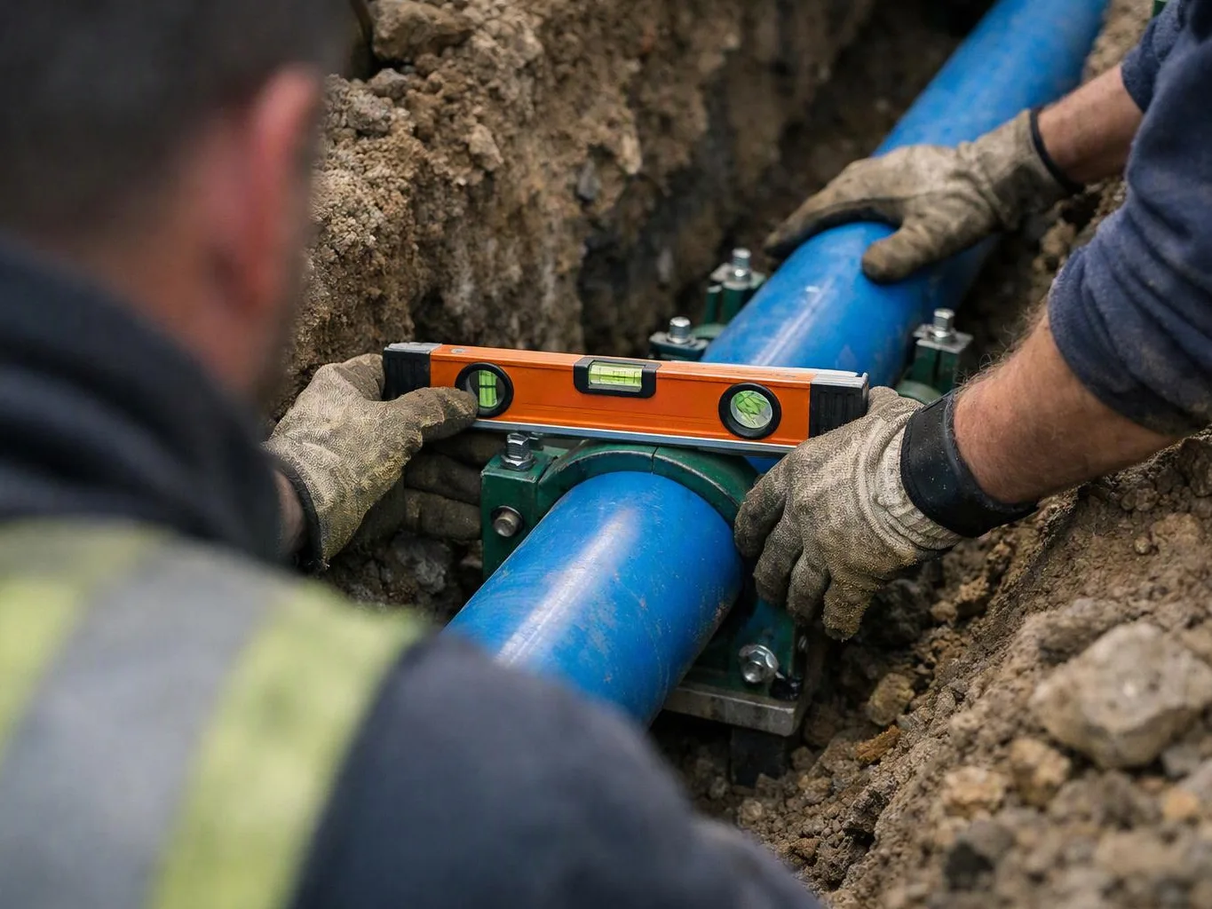 Two gloved workers level a blue pipe in a dirt trench with an orange spirit level