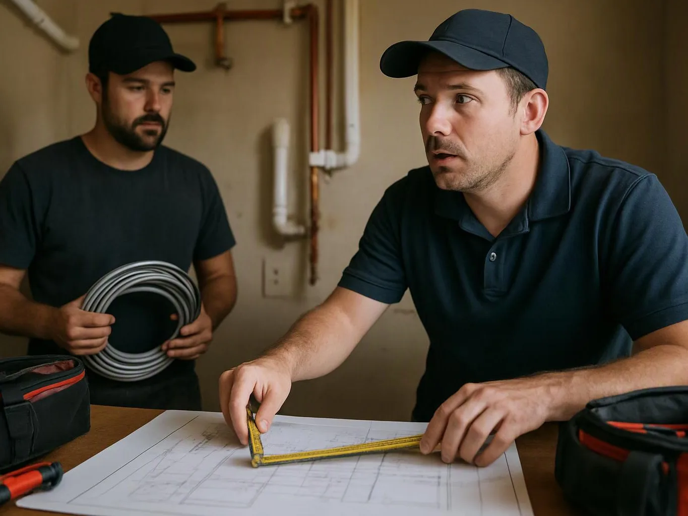 Two men in caps review a floor plan with a measuring tool inside a utility room