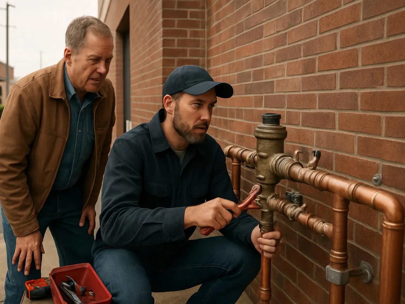Two men inspect copper pipes beside a brick wall, one crouching with pliers while the other watches closely
