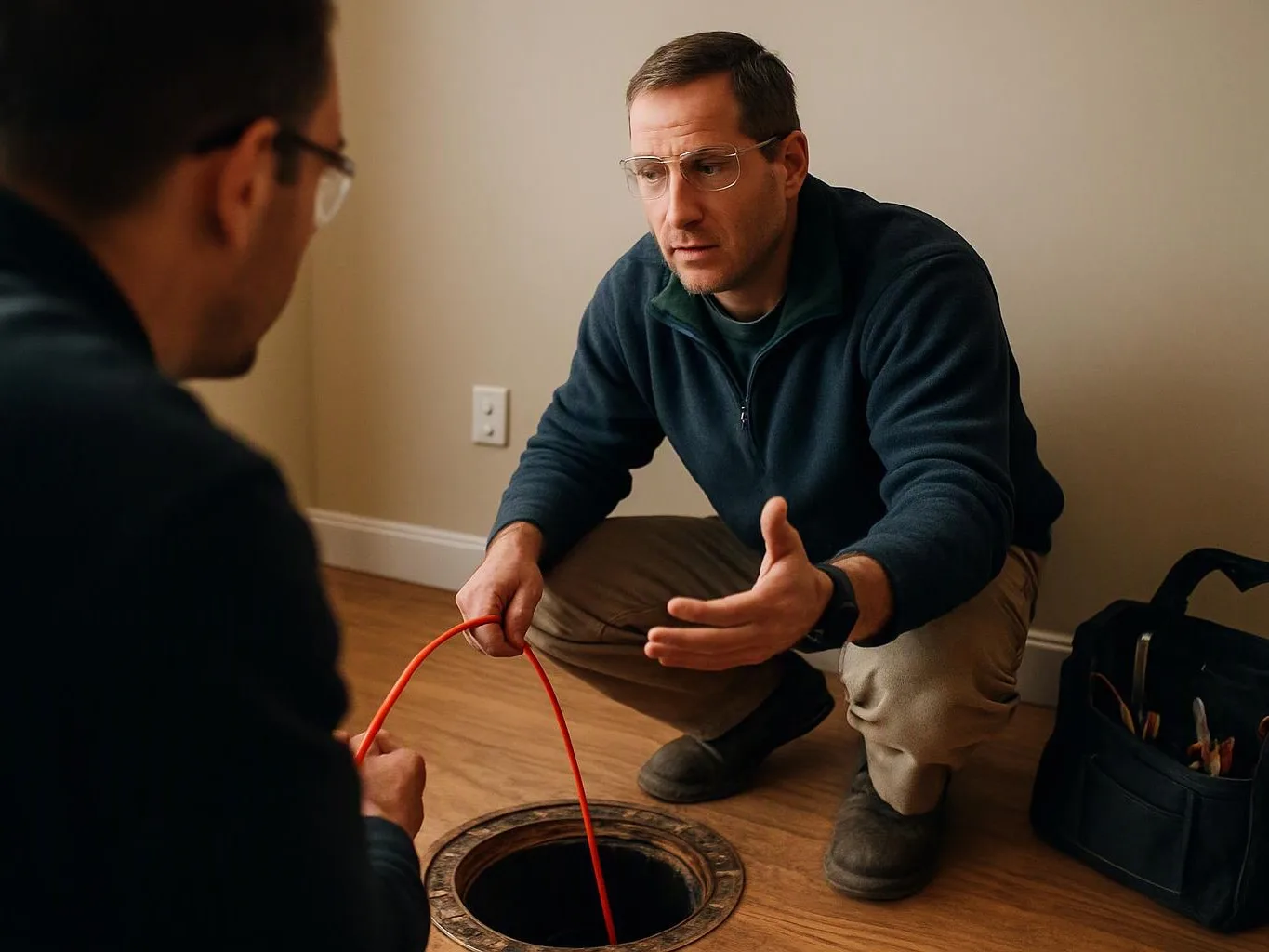 Two men inspect an open floor vent, one crouching and pointing while the other holds a red cable in a bare room