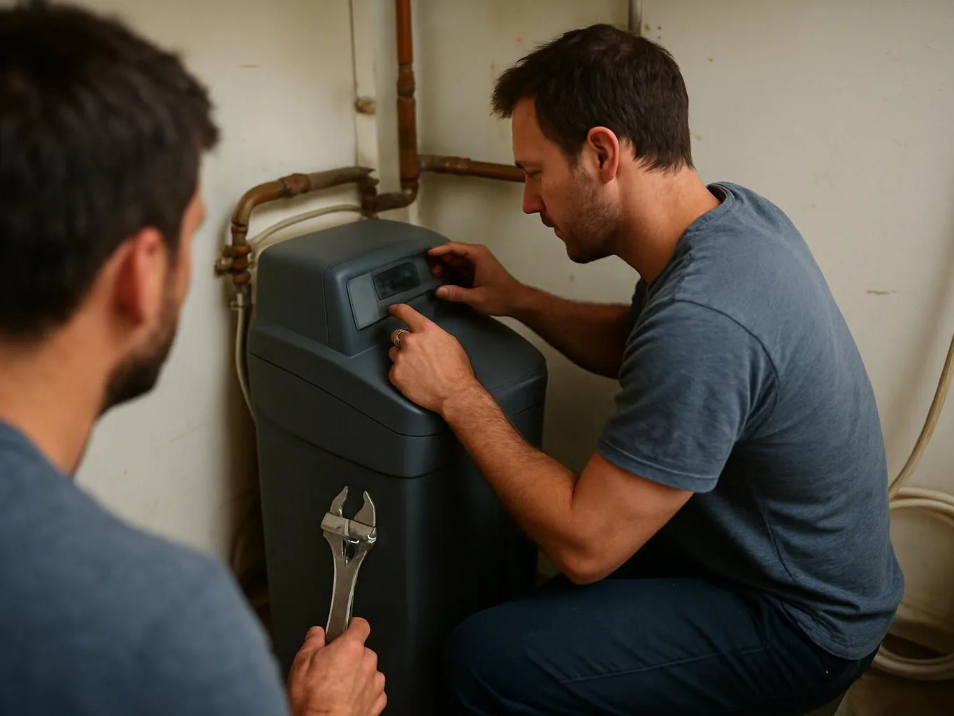 Two men inspect a water softener in a small utility room