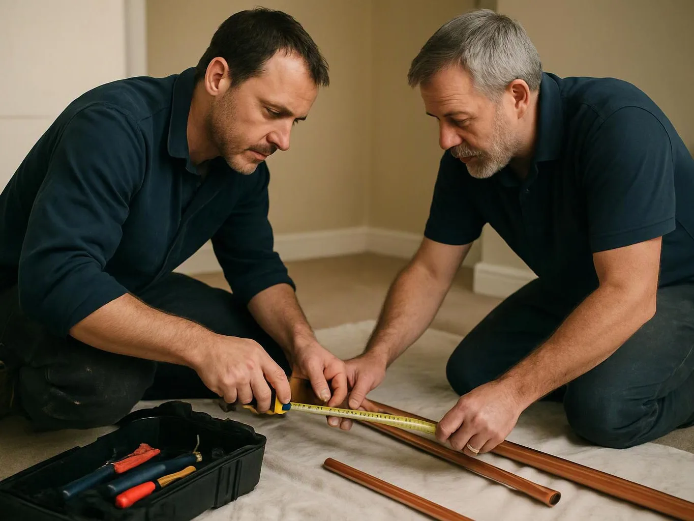 Two men kneel on a floor, measuring copper pipes beside a toolbox in a bare room