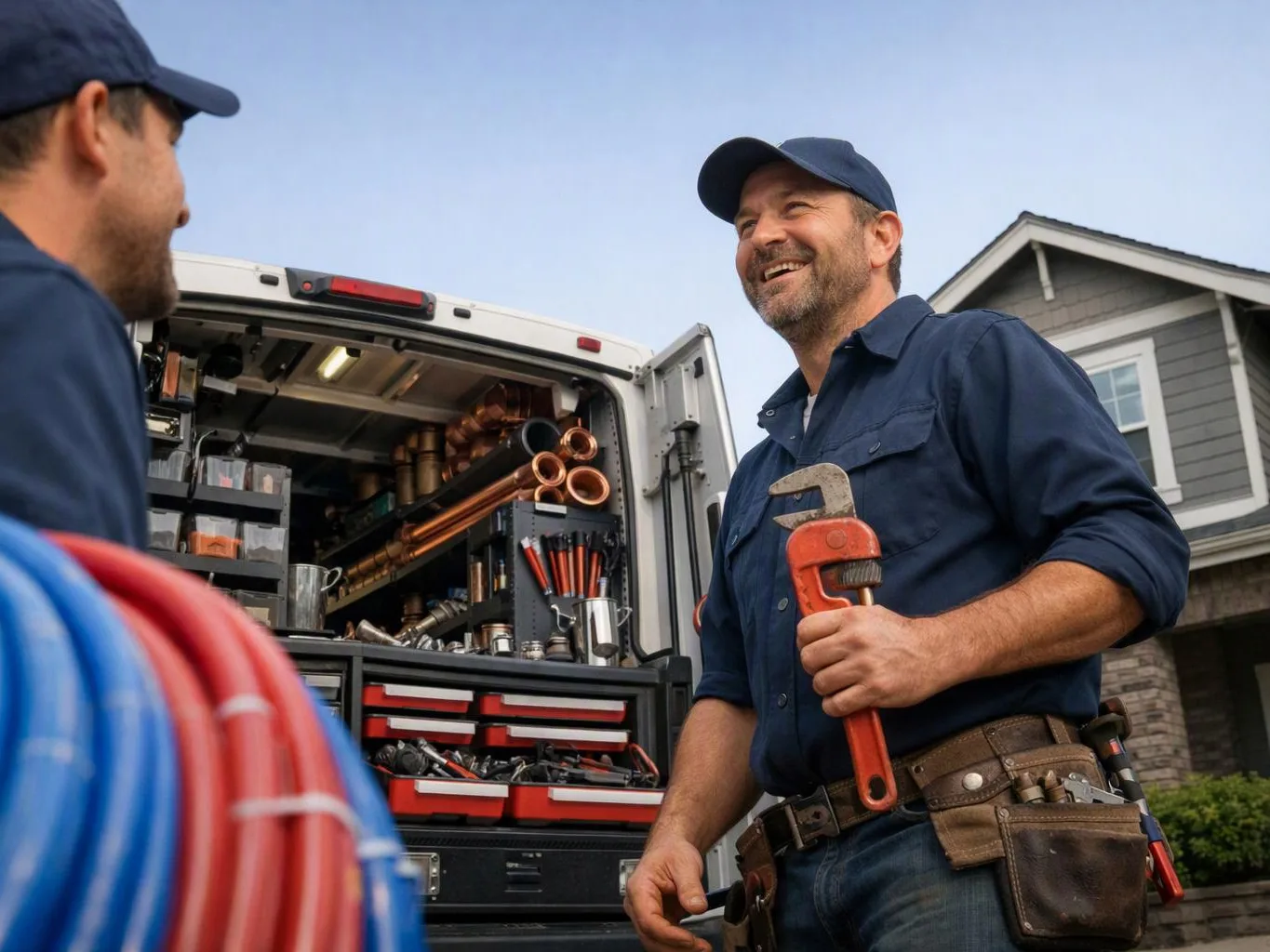 Two plumbers talk beside an open service van filled with copper pipes and tools in a residential driveway