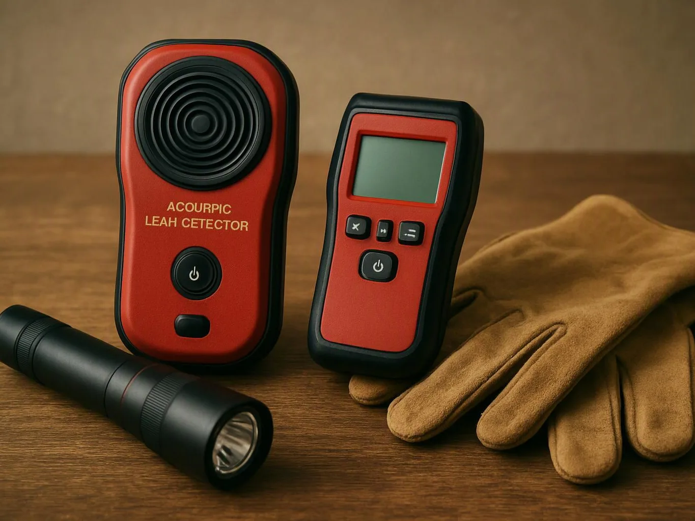 Two red handheld detectors stand beside tan gloves and a black flashlight on a wooden table