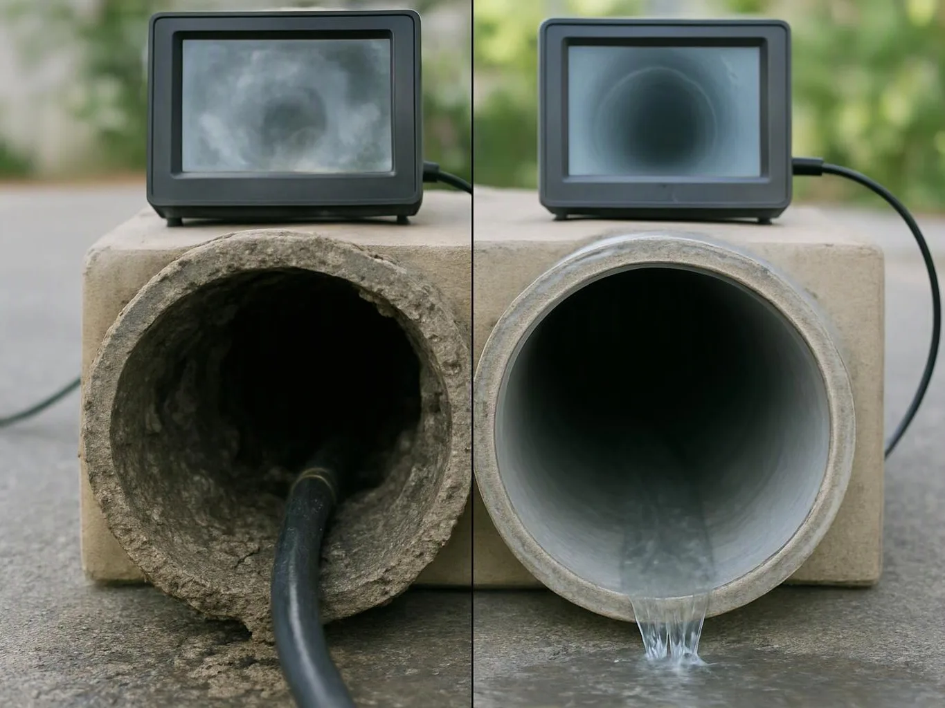 Two side-by-side pipe openings show a cracked pipe with a cable and a clean pipe releasing water
