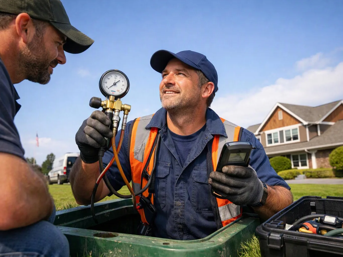 Two utility workers inspect equipment by a lawn, one holding a gauge and handheld meter beside a house