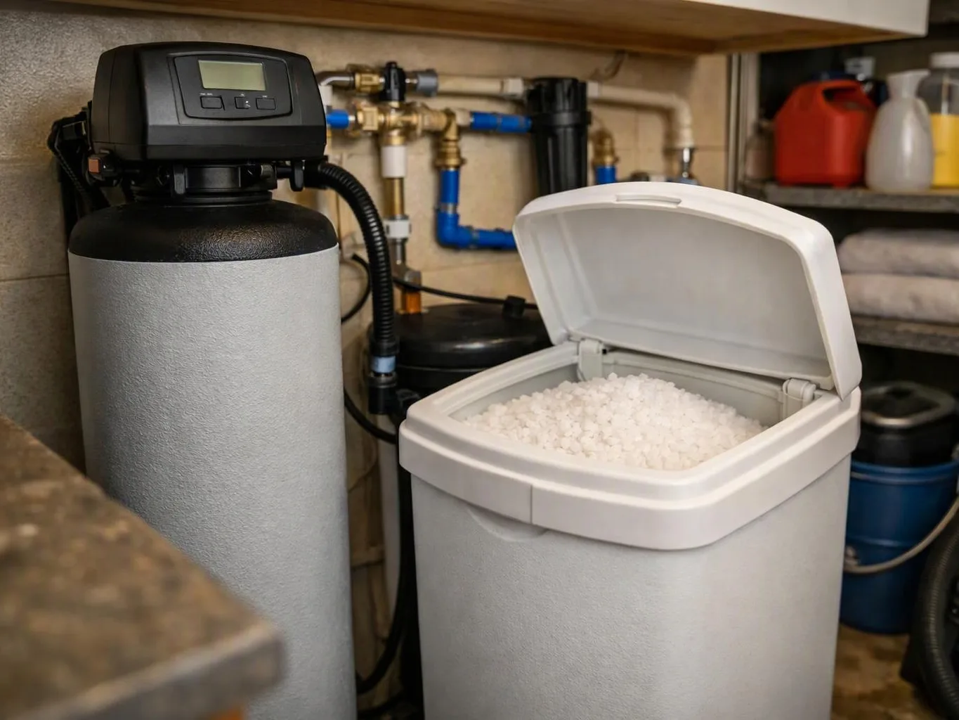 Two water treatment tanks sit in a utility room, one open with white salt pellets inside