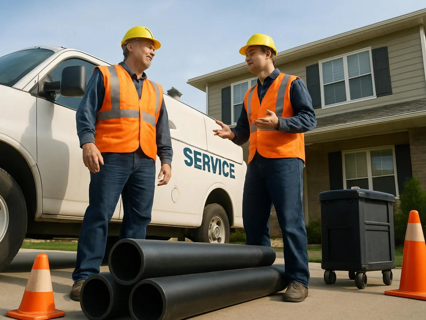 Two workers in hard hats stand by a service van and black pipes on a suburban driveway