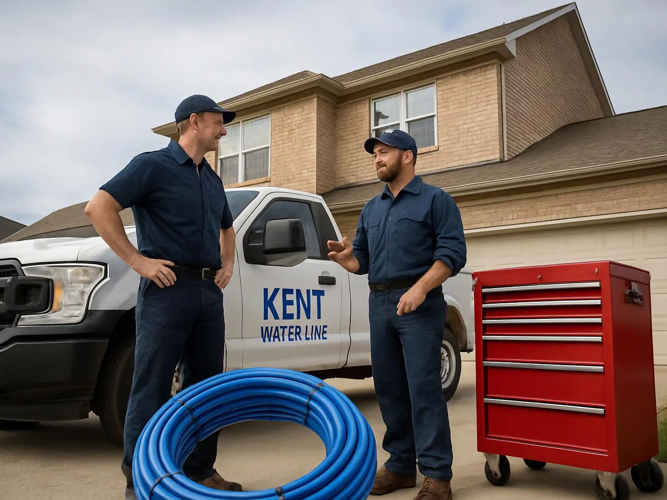 Two workers stand by a white utility truck, with a blue hose coil and a red tool chest in a driveway
