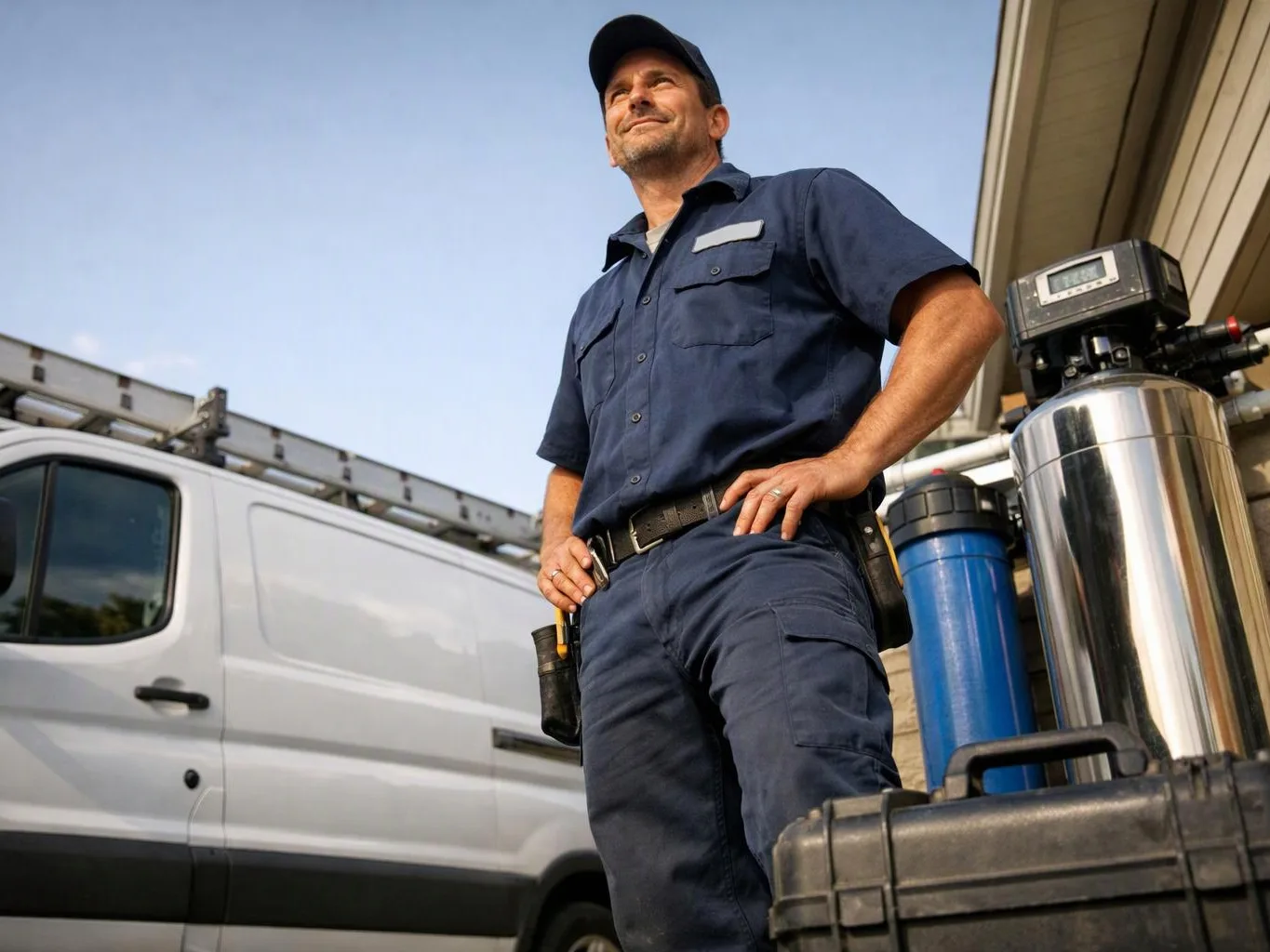 A uniformed technician stands outside with a van, a ladder, and water treatment equipment nearby