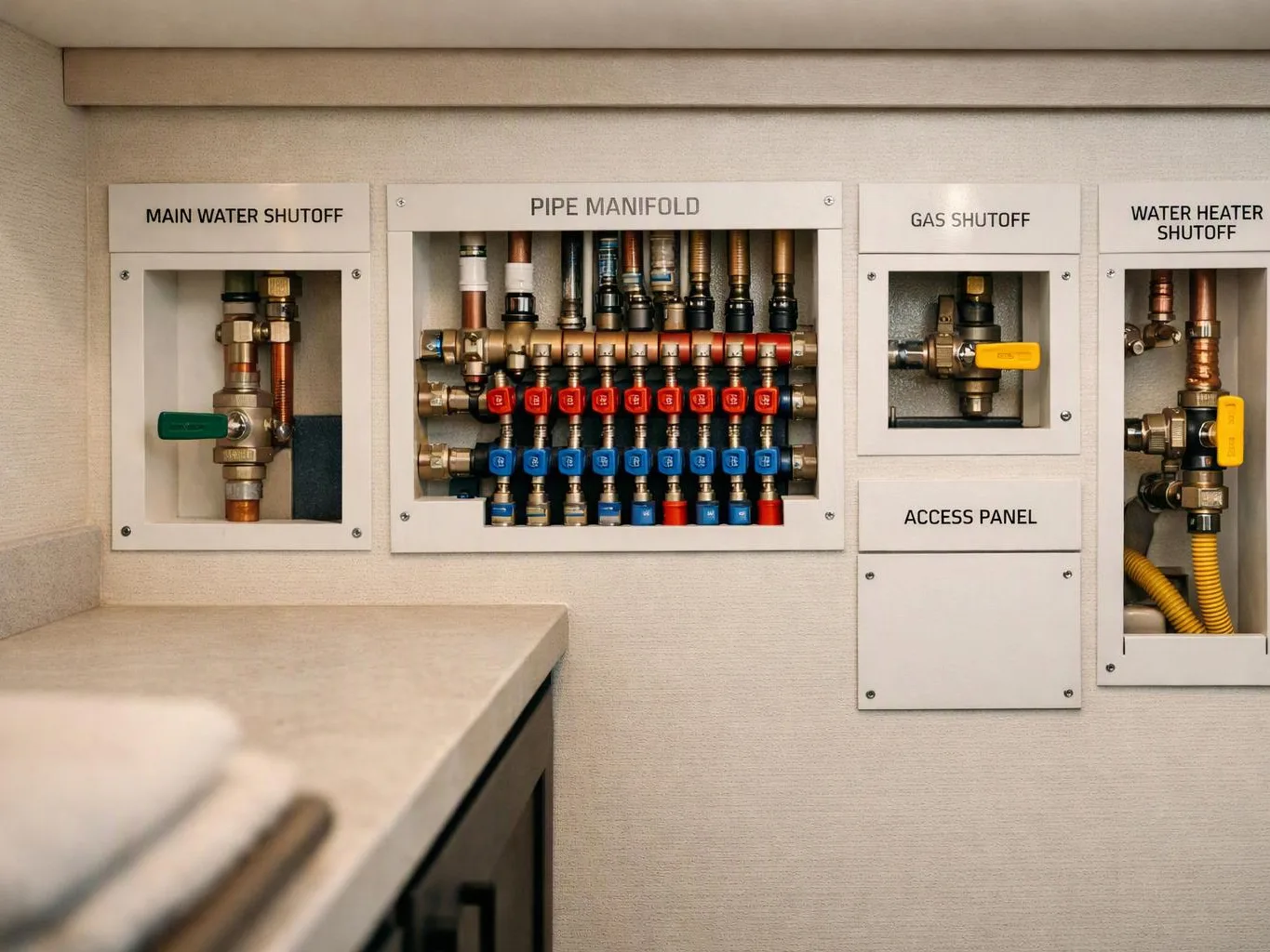 Wall-mounted plumbing access panels show shutoff valves, a pipe manifold, and gas and water heater controls