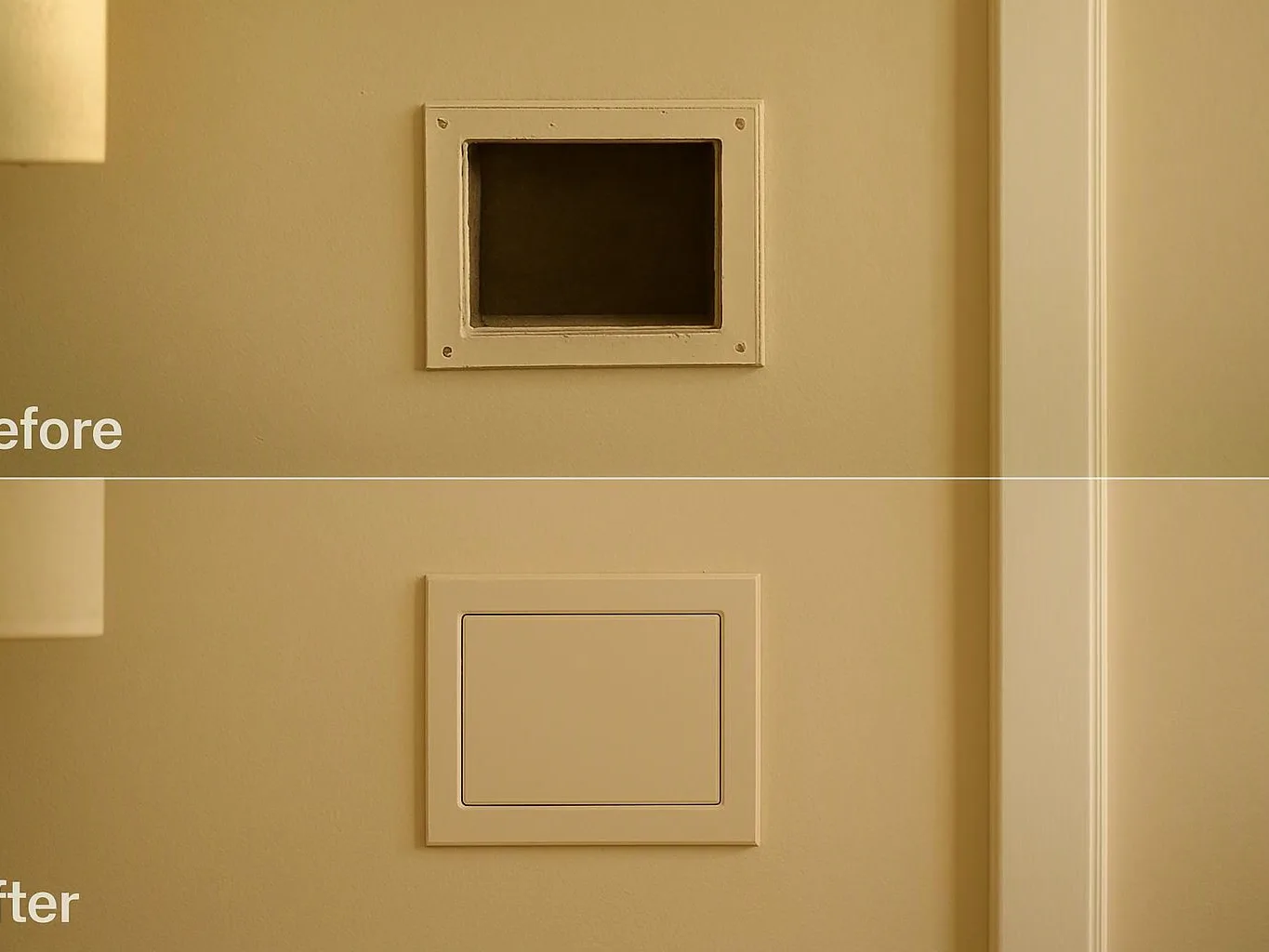 A wall opening appears above, with a covered rectangular panel below in a beige hallway wall