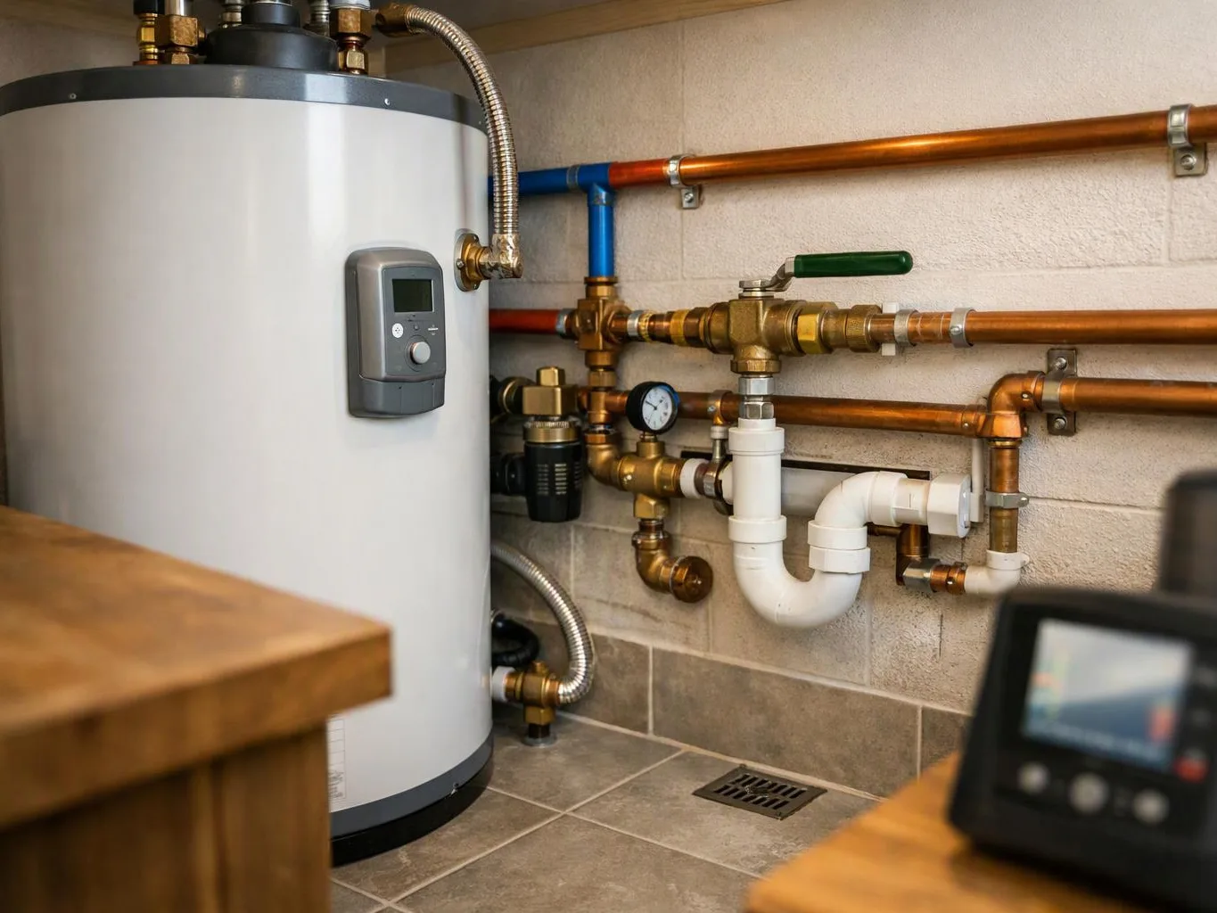 A water heater stands beside copper pipes, valves, and a drain on a tiled utility floor