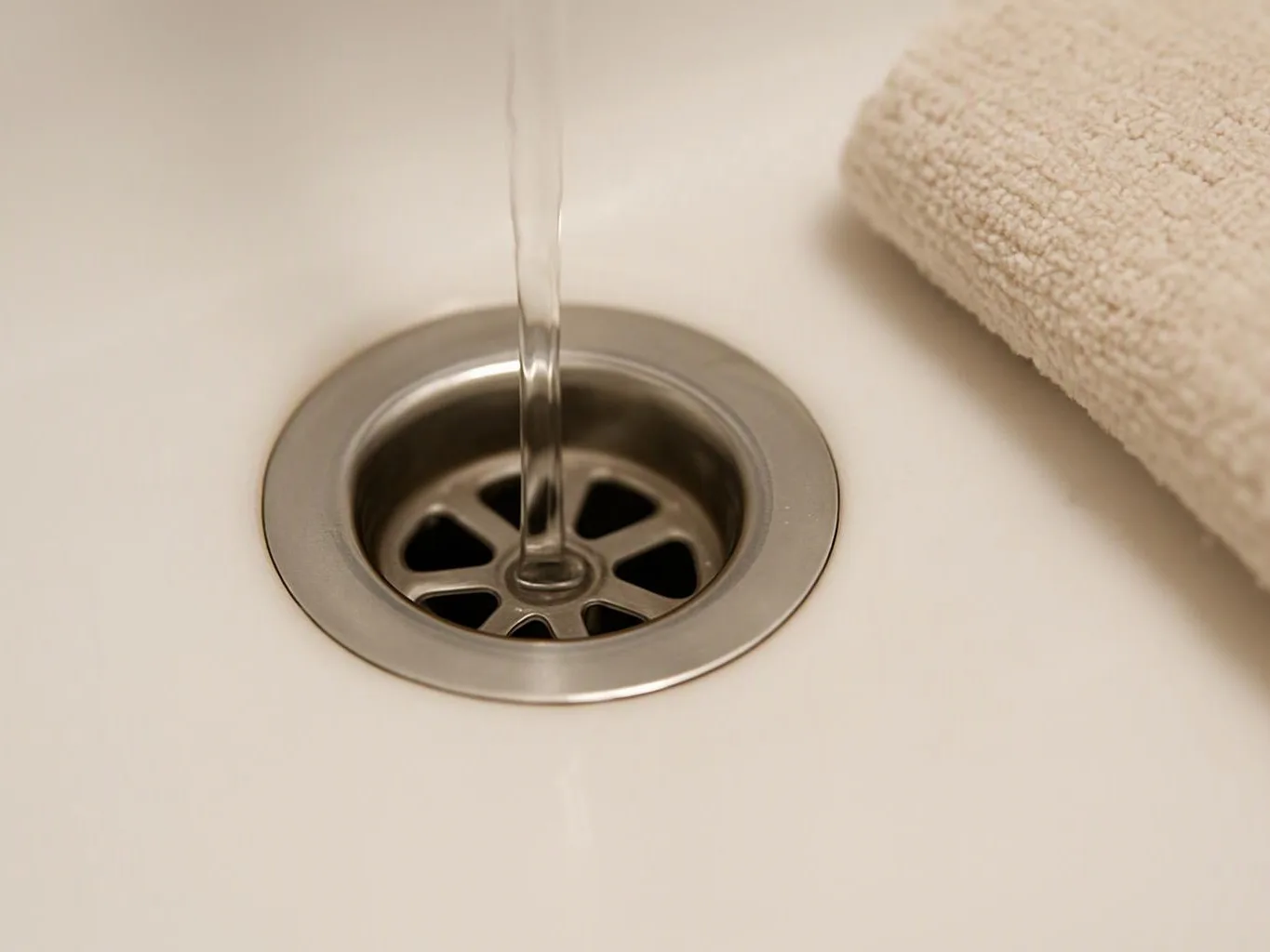 Water runs into a white sink drain beside a folded beige towel