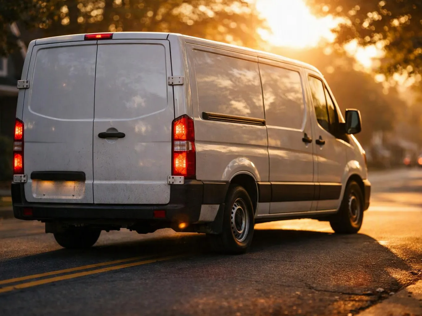 A white cargo van drives on a sunlit road at sunset, with taillights glowing