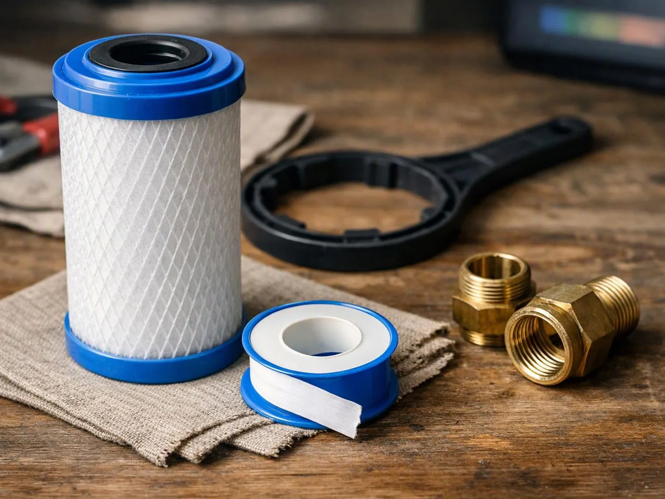 A white filter cartridge, plumber’s tape, brass fittings, and a black housing ring sit on a wooden workbench