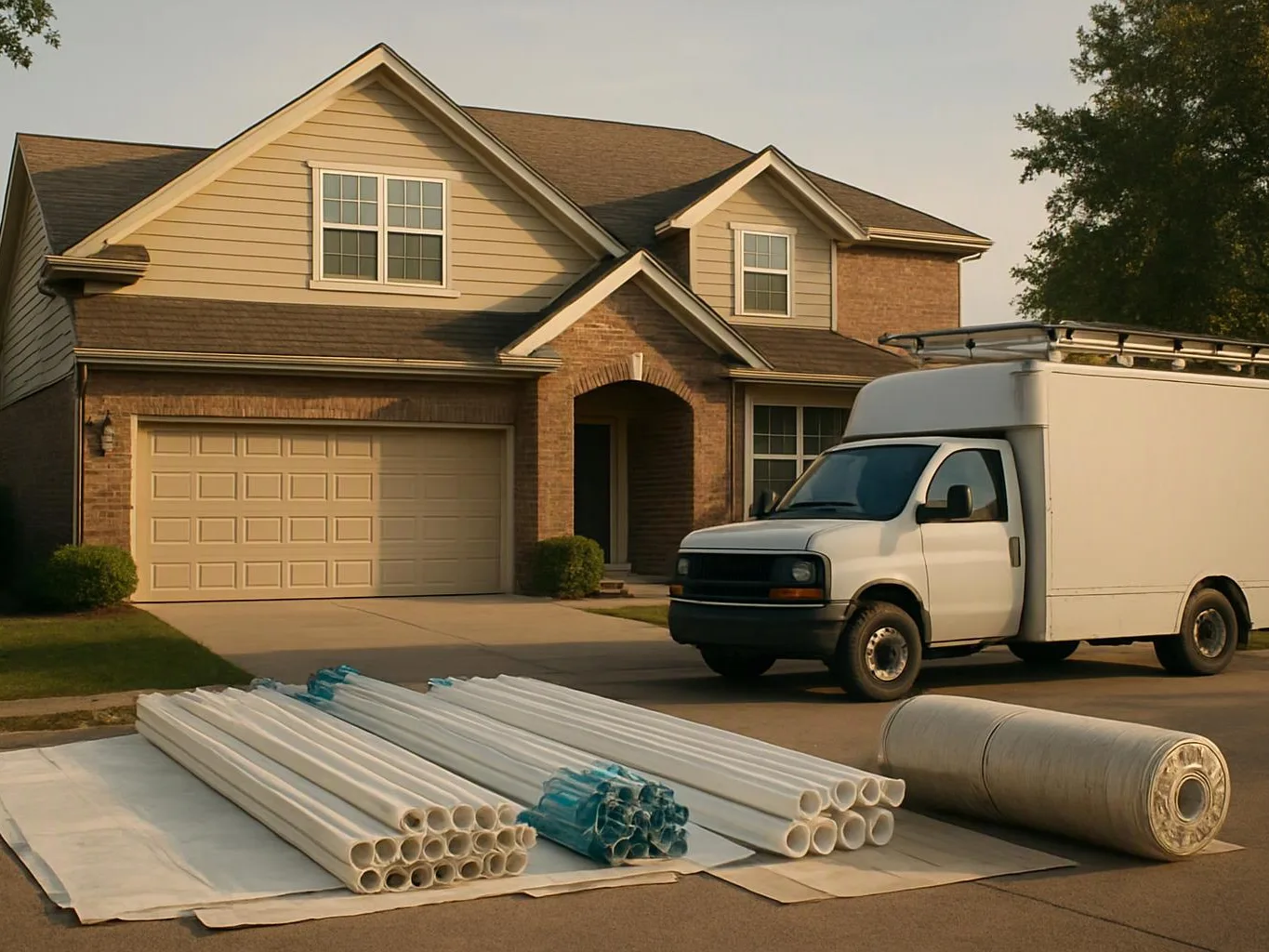 White pipes and rolled material sit on the street beside a parked box truck in front of a suburban house