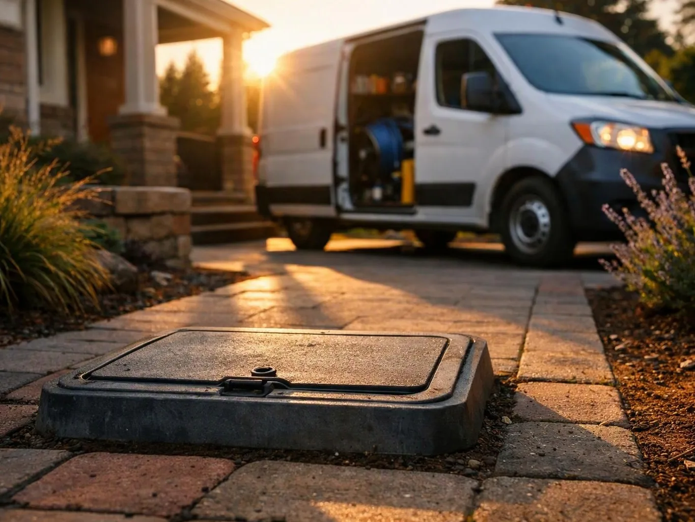 A white service van with an open side door is parked beside a house at sunset, with a utility cover in the foreground