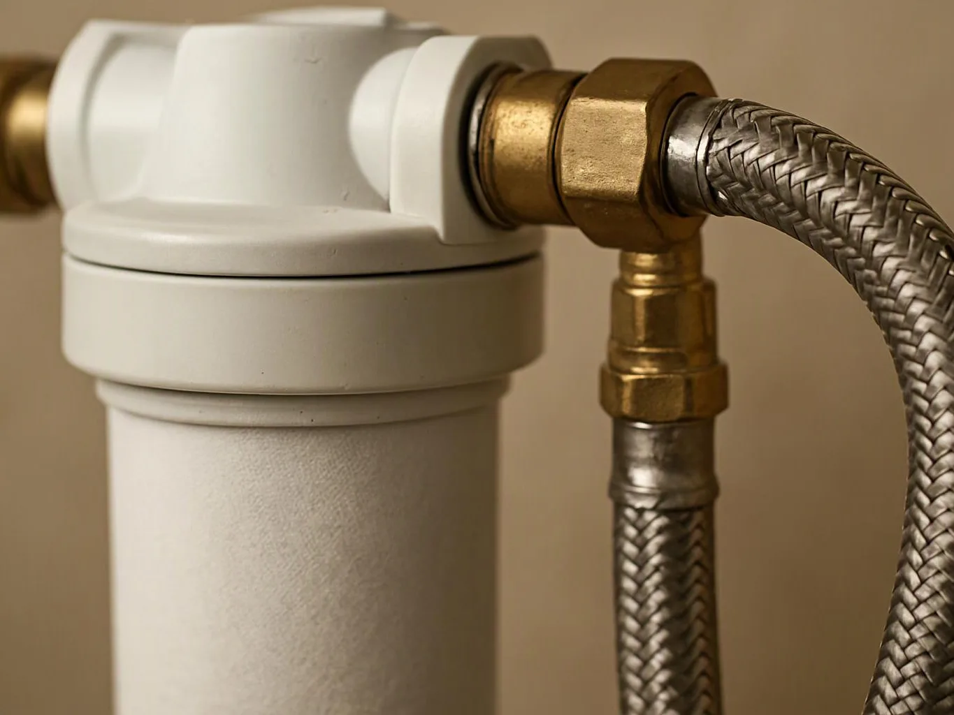 A white water filter housing connects to braided metal hoses with brass fittings against a beige wall