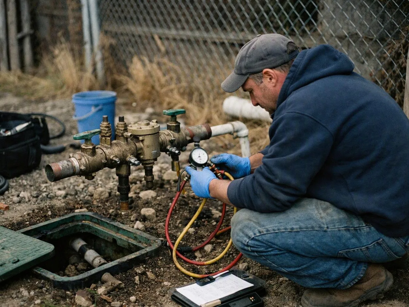 A worker in blue gloves kneels by outdoor pipes, checking a pressure gauge beside a chain-link fence