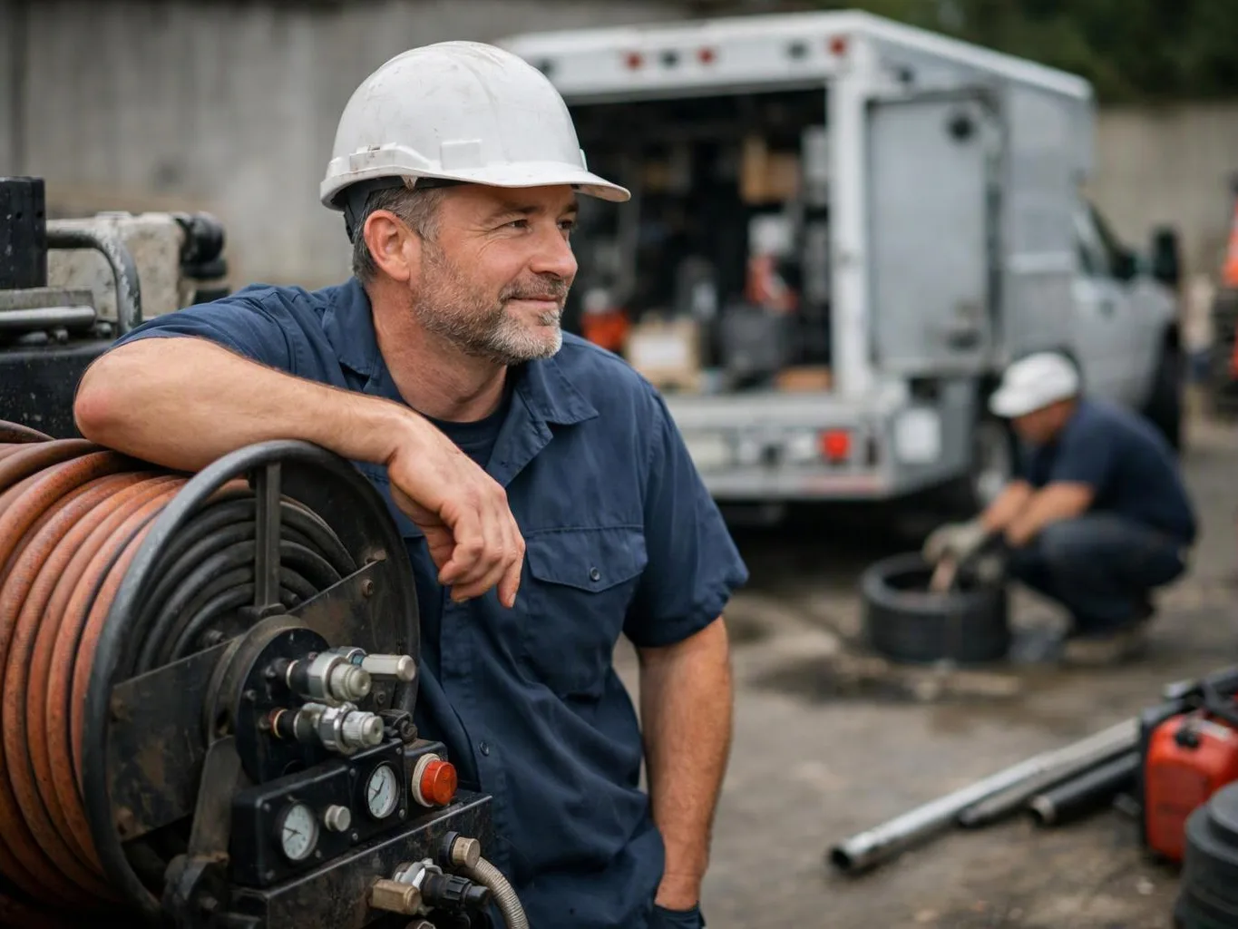A worker in a hard hat leans on a hose reel beside a utility truck, while another crouches in the background