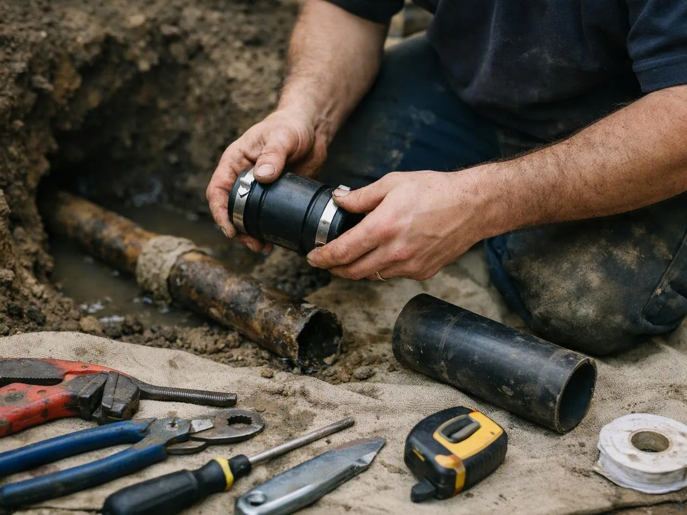 A worker kneels in a muddy trench, fitting a black pipe coupling beside hand tools and old pipe sections