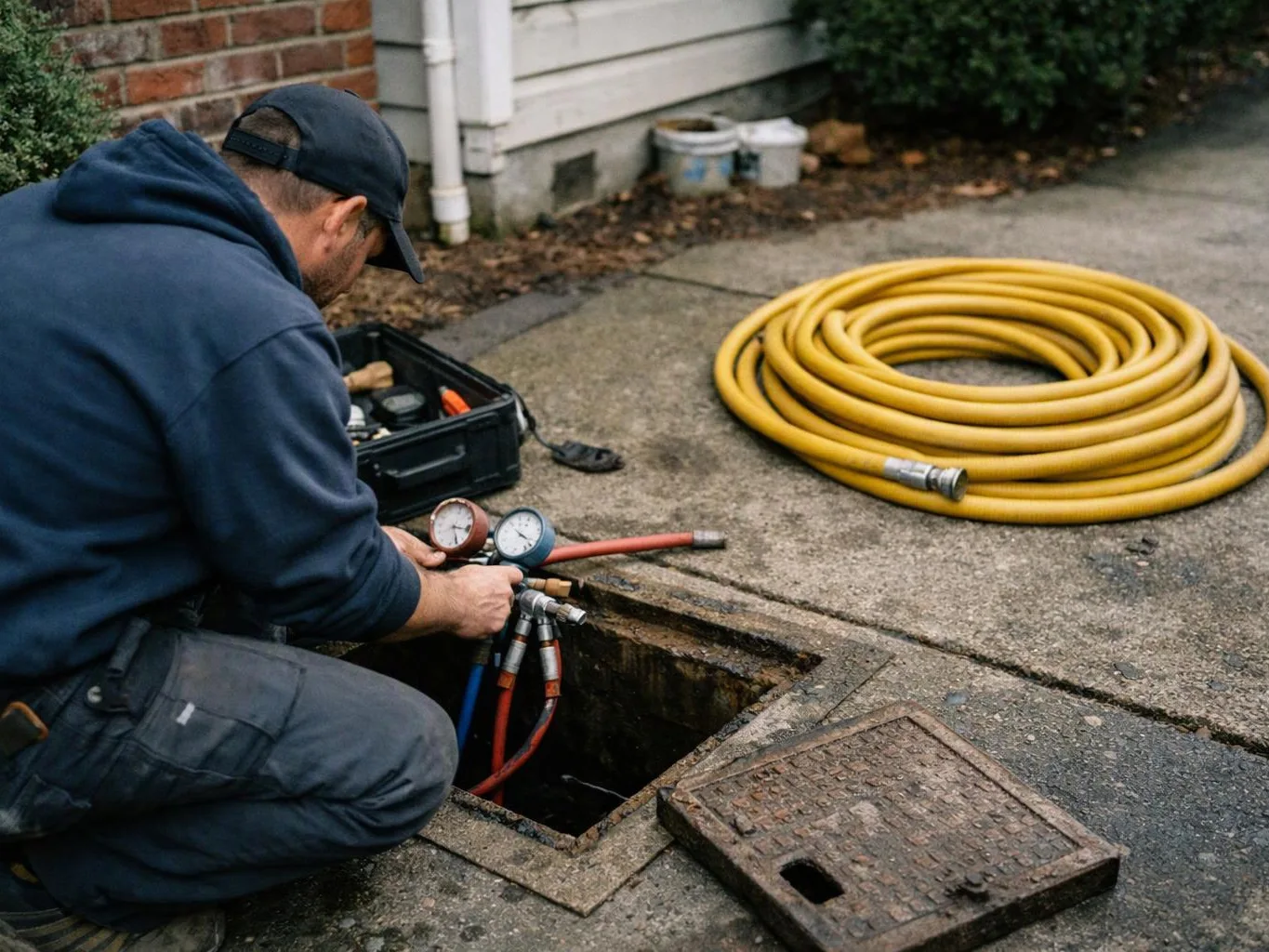 A worker kneels by an open pavement hatch, checking gauges beside a coiled yellow hose and tools