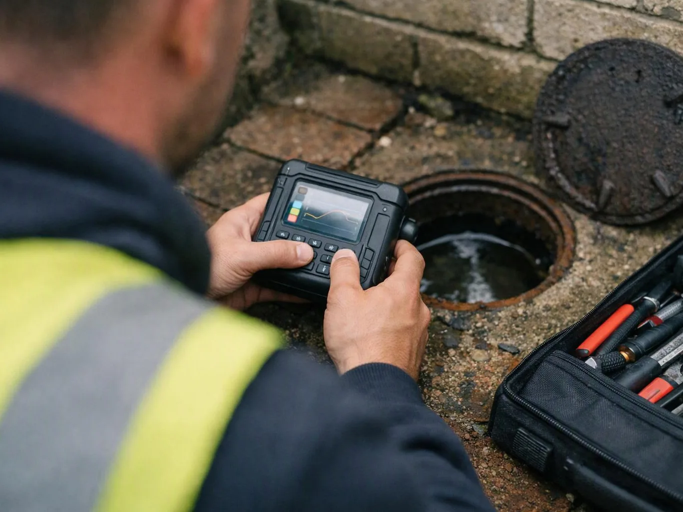 A worker in a reflective vest uses a handheld inspection device beside an open manhole on wet pavement