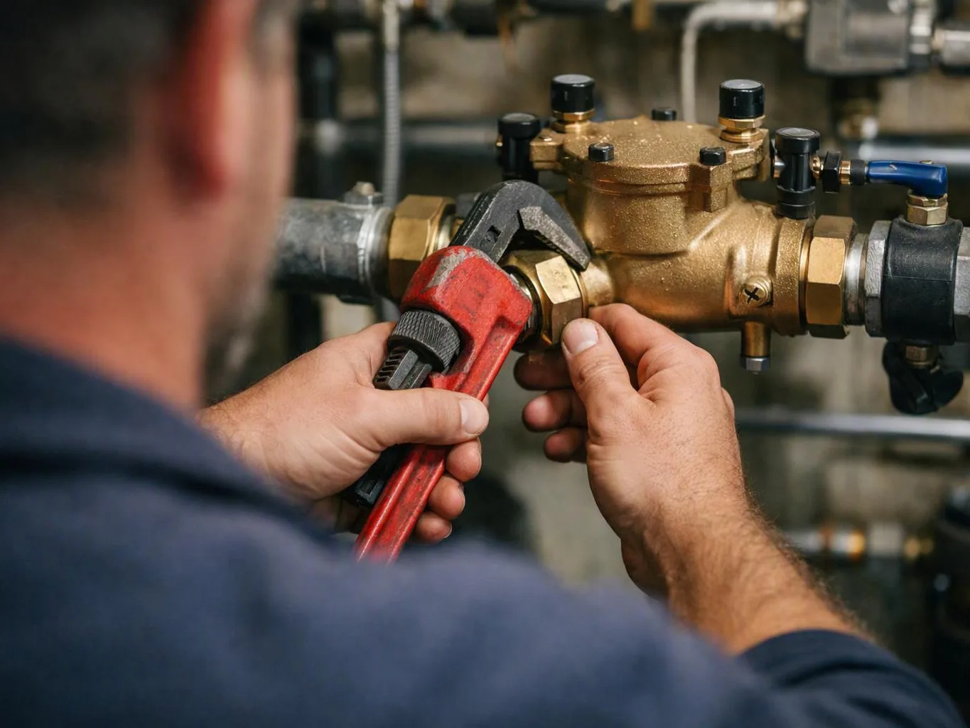 A worker uses a red pipe wrench to tighten a brass valve on industrial piping