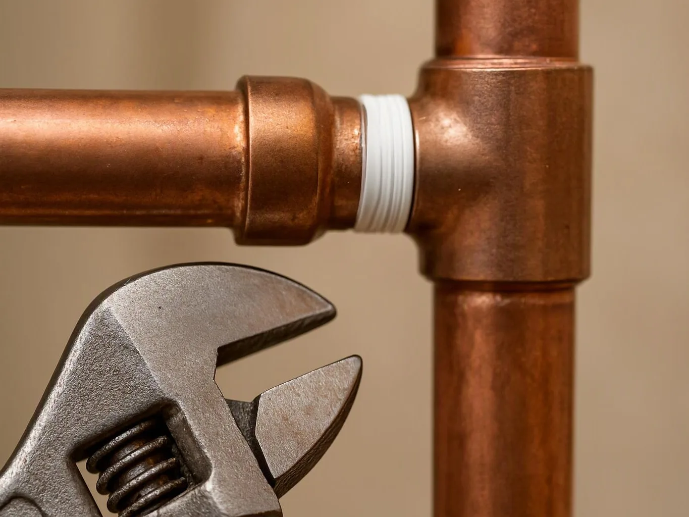 A wrench is tightening a copper pipe fitting against a beige background