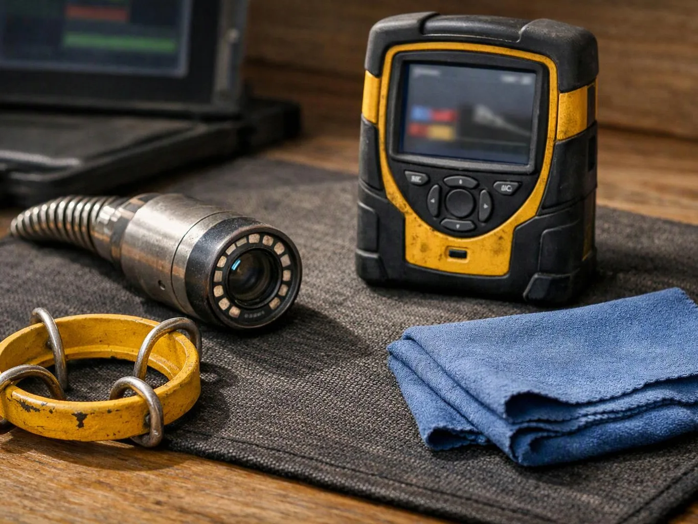 A yellow and black inspection camera, a flexible probe, a blue cloth, and a metal ring sit on a workbench